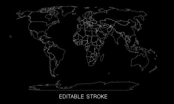 Editable world map outline with dotted borders for customizable design and vector illustration projects