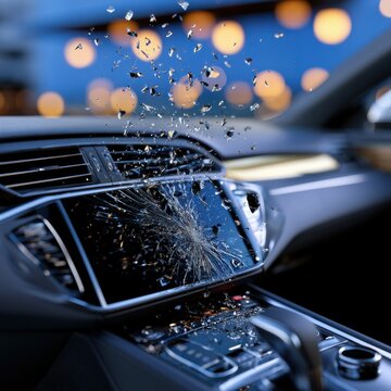 Shattered glass fragments suspended midair from a cracked touchscreen display inside a modern car interior with blurred ambient lighting background