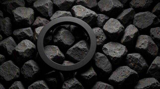 Dark circle rests on rough pile of grey volcanic rocks. Natural stone texture creates contrast against smooth geometric shape. Abstract background for design.