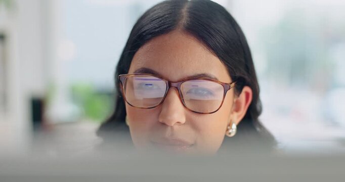 Glasses, computer and businesswoman in office with research on creative project at startup. Reading, spectacles and magazine editor with technology for online article with editing in workplace.