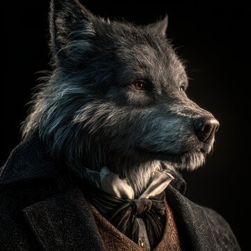 Elegant anthropomorphic wolf dressed in vintage tuxedo and bow tie with sophisticated pose and dramatic lighting