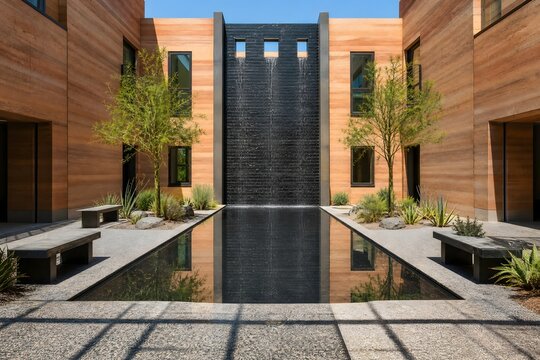 Modern courtyard with reflecting pool and vertical waterfall feature for tranquil architectural design inspiration