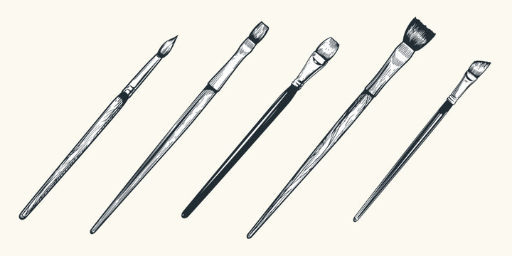 Hand drawn sketch style paint brush set. Collection of various types of brushes for artistic and creative projects. Vector illustrations.