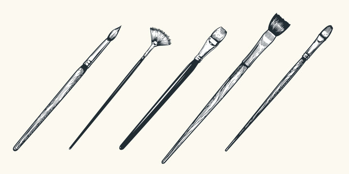 Hand drawn sketch style paint brush set. Collection of various types of brushes for artistic and creative projects. Vector illustrations.