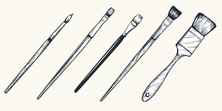 Hand drawn sketch style paint brush set. Collection of various types of brushes for artistic and creative projects. Vector illustrations.