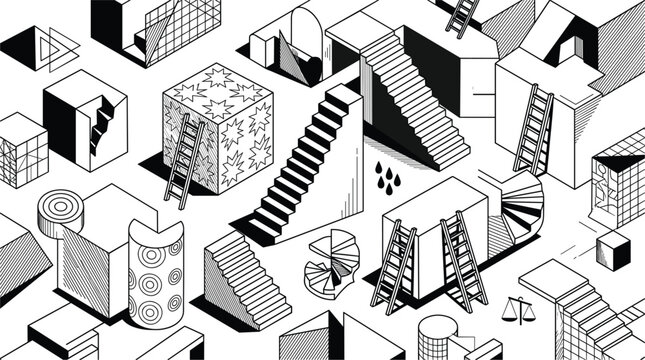 Abstract isometric surreal architecture line art vector background featuring optical illusion stairs cubes and ladders