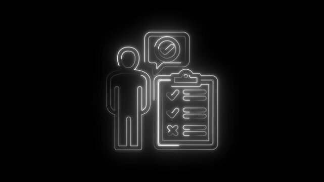 Neon outline of a person with a checklist and speech bubble featuring a checkmark icon