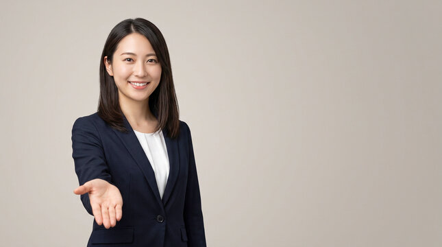 手を前に差し出し歓迎やサポートを示すビジネスウーマン