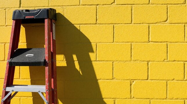 Red step ladder stands against bright yellow brick wall. Strong sunlight creates dark shadow on textured surface. Minimalist background provides copy space for business concept of career growth,