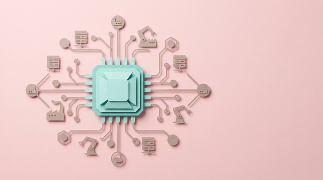 Modern Technology Concept with Computer Chip and Digital Connections on Soft Pink Background
