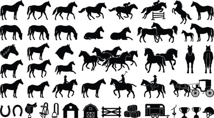 Obraz premium Horse Silhouette Vector Collection Featuring Running, Standing, Jumping, Racing, Equestrian, Stable Equipment and Farm Animal Icons Isolated on White Background