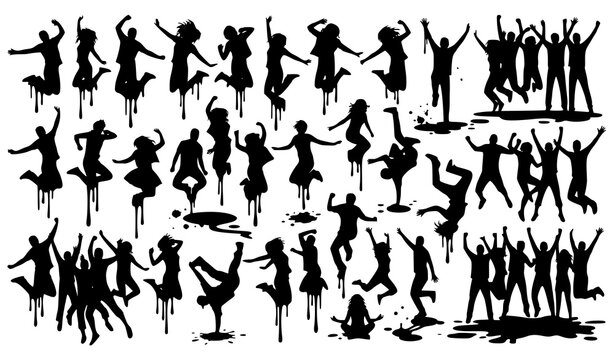 People Dancing Silhouette Set with Paint Splash Vector Illustration, Black Icon Collection of Jumping and Celebrating Crowd