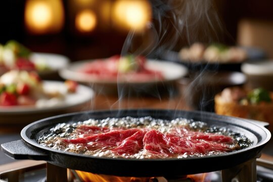 Thinly sliced marbled beef simmering in a bubbling hot pot on a tabletop stove with a warm, softly lit restaurant background and side dishes blurred behind