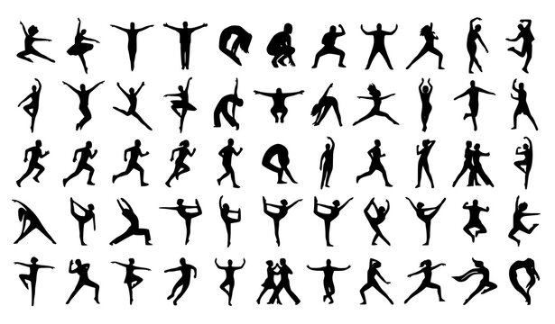 Dancer Silhouette Collection Vector Illustration, Black Icon Set of People Dancing and Jumping in Various Poses