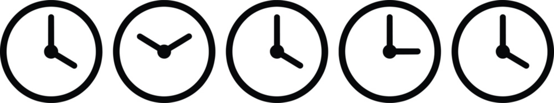 Minimalist clock icon set, black line time symbols, set of 5 vector clock faces for schedule and deadline management
