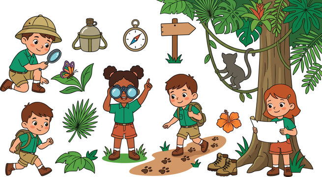 Jungle Safari and Rainforest Exploration Vector Set with Cartoon Kids Backpacking, Looking Through Binoculars, Following Footprints, and Studying Nature with Map