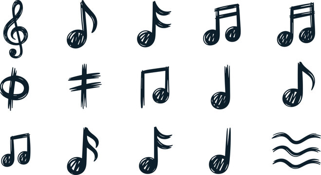 Hand drawn music notes icon collection bundle featuring treble clef eighth sixteenth note stave waves sketch elements