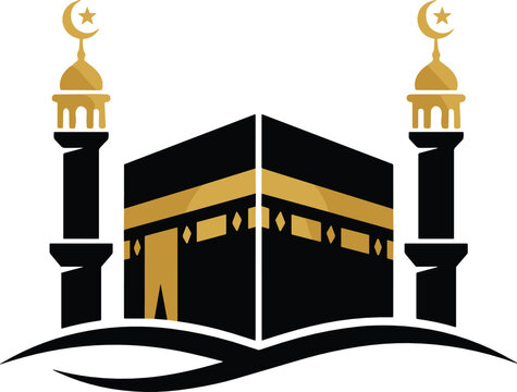 Kaaba logo icon set featuring Islamic holy mosque, pilgrimage, Hajj, Umrah and sacred religious symbols vector illustration