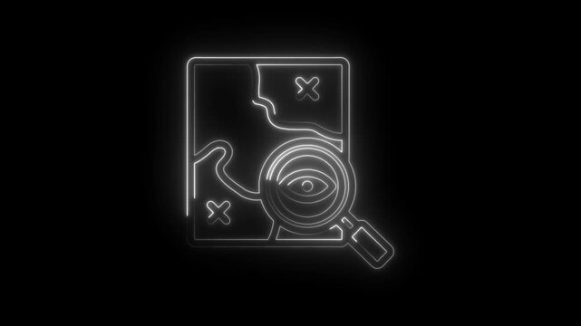 Neon map icon with magnifying glass and eye symbol searching for treasure or information on black