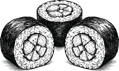 Hand drawn detailed sketch of fresh Japanese sushi maki rolls wrapped in seaweed nori containing delicious rice filling. © MOSTAFRINA