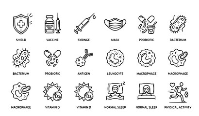 Fototapeta premium Vaccination Immunization and Healthcare Medical Icons with Vaccine Syringe Virus and Shield Vector Set