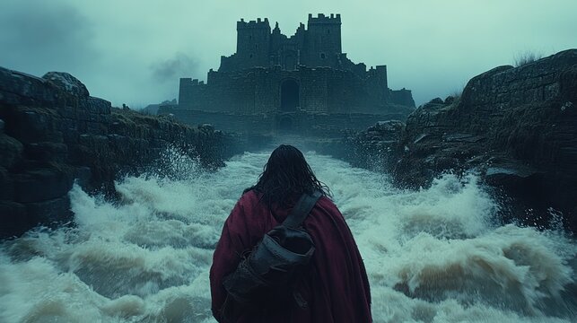 Man faces turbulent river, ancient castle looms