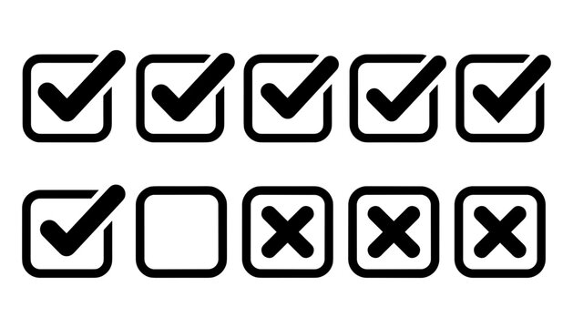 Black check mark tick cross x symbol and empty option box set inside rounded square checkboxes isolated on white background for test exam quiz choice list validation