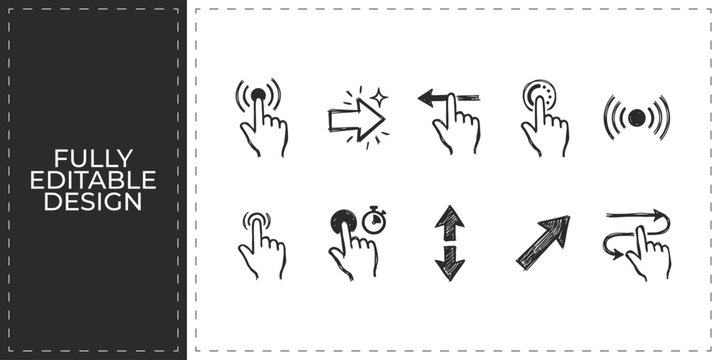 Human interaction and digital touch hand drawn icons set featuring hand gestures pointing and tapping symbols for mobile app interface and social network design concept