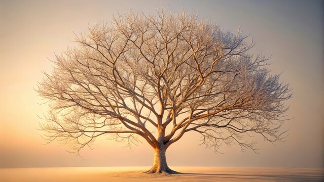 Bare tree with intricate branches against a pale background in a minimalistic design