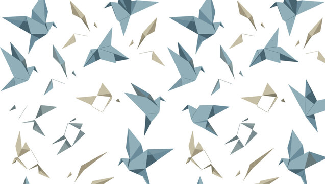 Japanese origami paper crane bird seamless pattern background with blue and beige geometric folded shapes