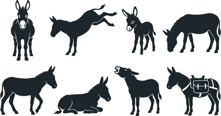 Fototapeta premium Donkey Silhouettes In Various Poses Black Vector Illustration On White Background donkeys