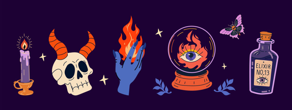Witchcraft and mystical element set with burning candle, horned skull, flaming magic hand, crystal ball mystical eye, moth and elixir bottle for Halloween posters, stickers, party decorations.Vector