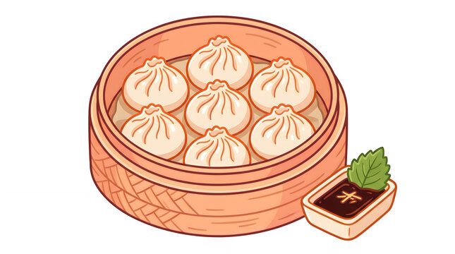 Xiao Long Bao Soup Dumplings in Bamboo Steamer Illustration