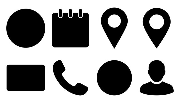 Black calendar location pin telephone handset user profile avatar and solid geometric shape button icon set isolated on white background for contact interface navigation design menu layouts