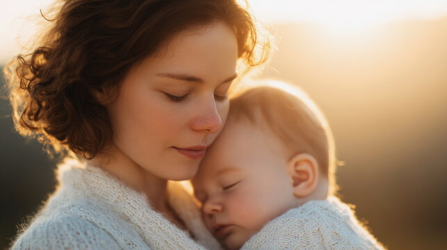 Mother holding sleeping baby in warm golden hour sunlight representing peaceful maternal bonding and gentle nurturing love for family lifestyle
