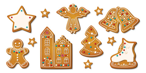 Obraz premium Christmas Gingerbread cookies for xmas celebration. Winter homemade biscuits with sweet icing details in festive shapes isolated on white background. Cartoon vector illustration