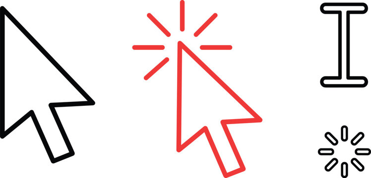 Digital interface mouse cursor arrow and text selection I-beam line icon set featuring red click highlight and loading symbol