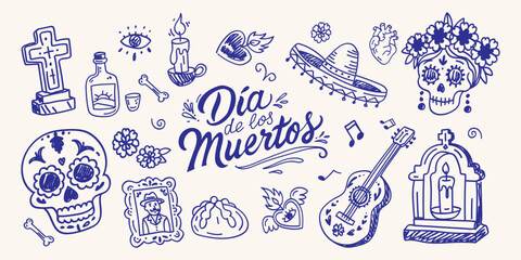 Dia de los Muertos Mexican doodle elements icon set, sugar skulls, flowers, guitar, sombrero, and lettering. Hand-drawn set for posters, cards, invitations, banners, and prints. Vector illustration © Ilonka eva