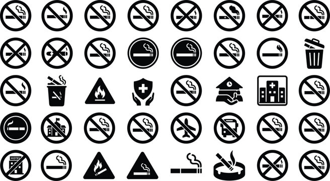 No Smoking Icon Set Vector Featuring Prohibition Signs, Cigarettes, Tobacco, Vape Restrictions, Fire Safety Warnings and Editable Public Notice Symbols