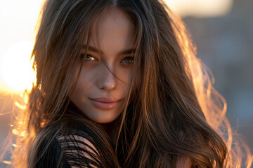 Fototapeta premium beautiful woman in warm evening light, elegant female portrait glowing in golden sunlight, radiant woman outdoors during sunset