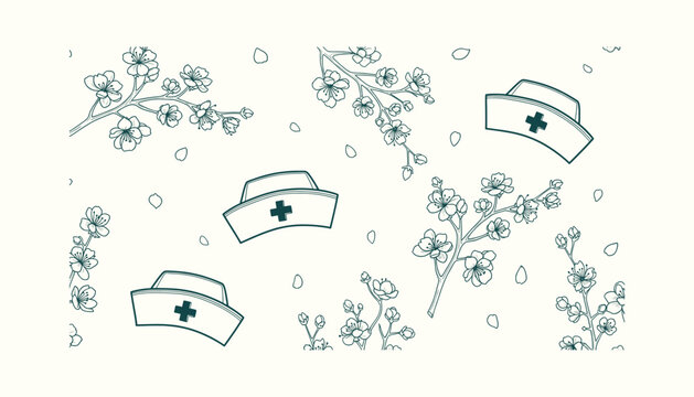 Seamless Nursing Pattern with Cherry Blossoms and Medical Caps Line Art Illustration for Healthcare