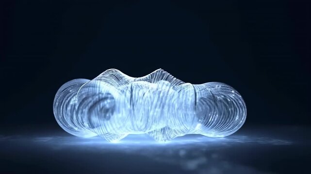Translucent glasslike abstract form stretched low across dark reflective surface, ribbed with layered contours, glowing cool blue under black background, sleek futuristic mood