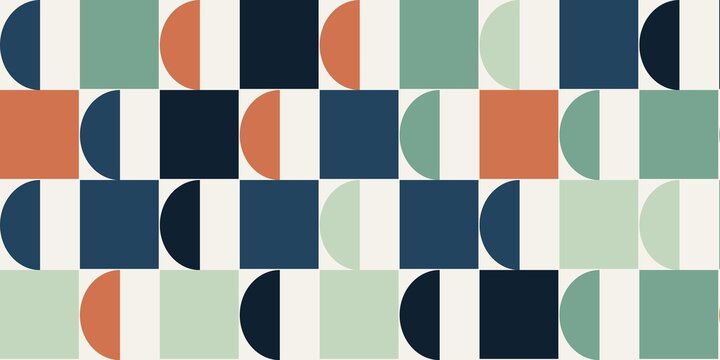 Abstract geometric pattern with squares and semicircles in muted colors.
