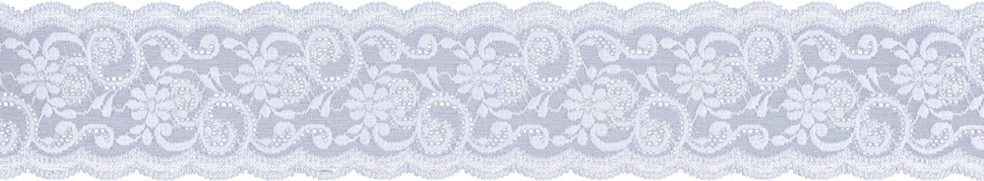 Elegant white floral lace ribbon border isolated on transparent background