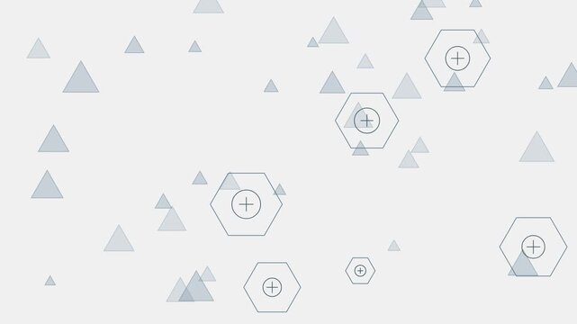Abstract background with light gray triangles and thin line hexagon shapes containing plus signs