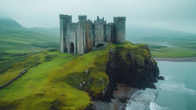 Misty castle perched on a cliff overlooking a bay