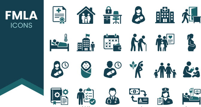 Family and Medical Leave Act solid glyph icons vector collection containing pregnancy newborn baby medical care illness hospital nurse symbols