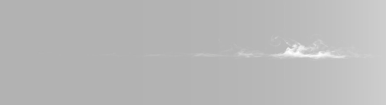 White mist trail with thin gray smoke, soft horizontal fog wave, flowing vapor line, subtle drifting haze and realistic smoky effect
