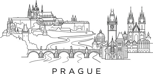 Fototapeta premium Prague skyline vector line art illustration featuring Prague Castle Charles Bridge Old Town Hall and Tyn Church