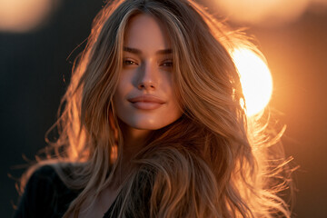 Fototapeta premium beautiful woman in warm evening light, elegant female portrait glowing in golden sunlight, radiant woman outdoors during sunset